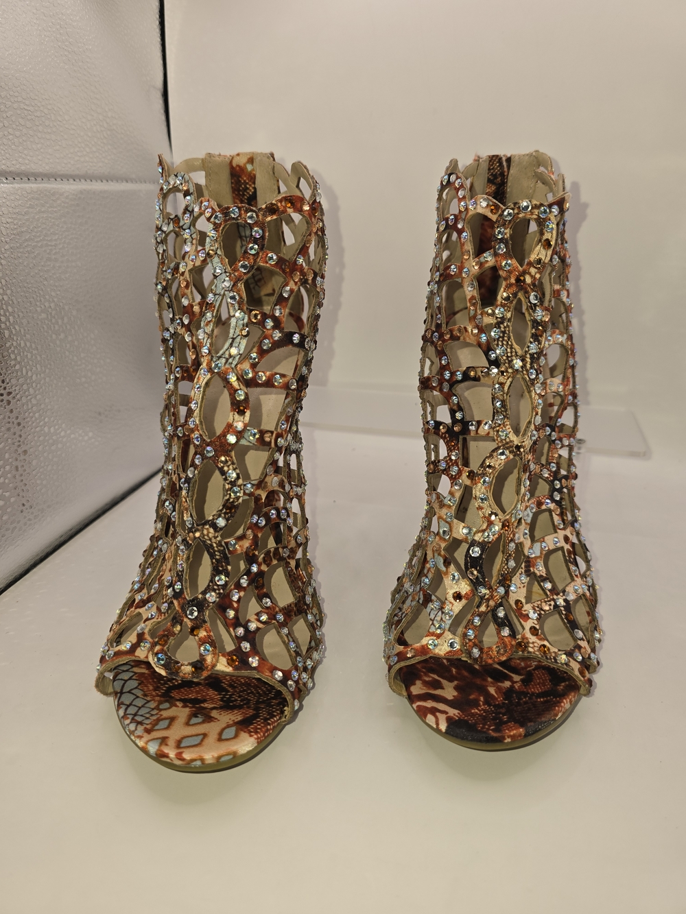 Zigi Soho Crystal-Embellished Open-Toe Cutout Heels in Brown and Gold